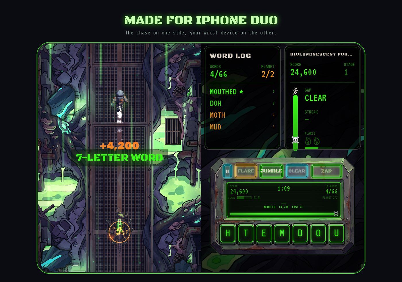 Verbosity on iPhone Duo, open like a book: the chase on the left, the wrist device on the right